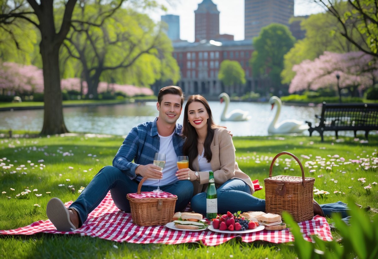 A young couple having a picnic on a blanket in a green park with trees, flowers, and a pond with swan boats in the background.