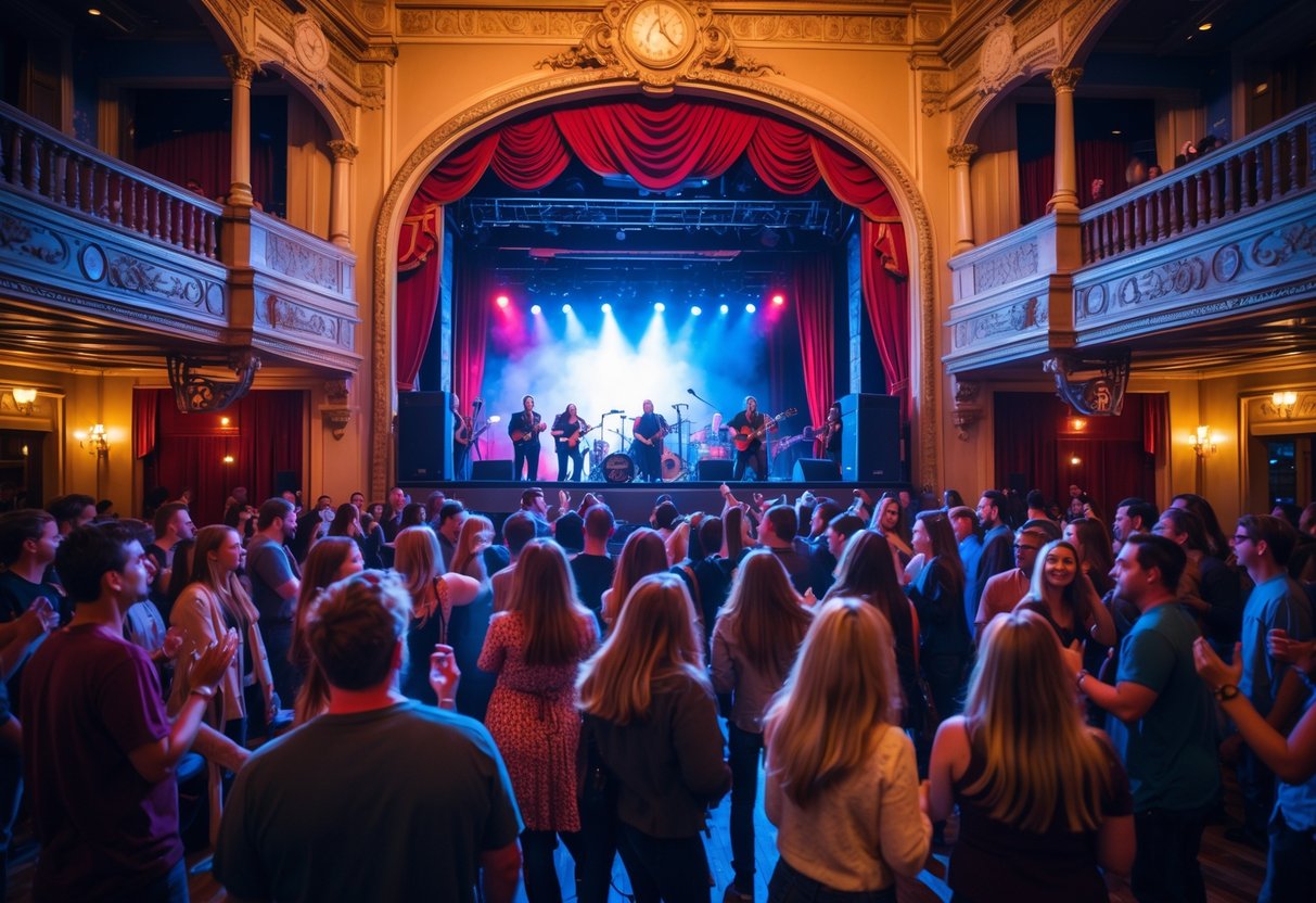 A crowd enjoying a live concert inside the Utah Theatre with colorful stage lights and ornate interior details.