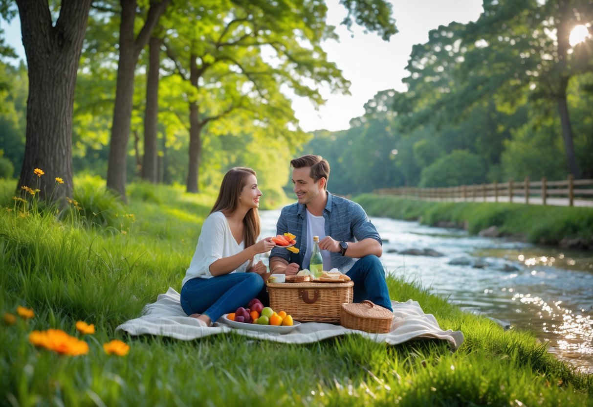 A young couple enjoying a picnic on a blanket beside a river surrounded by trees and greenery.