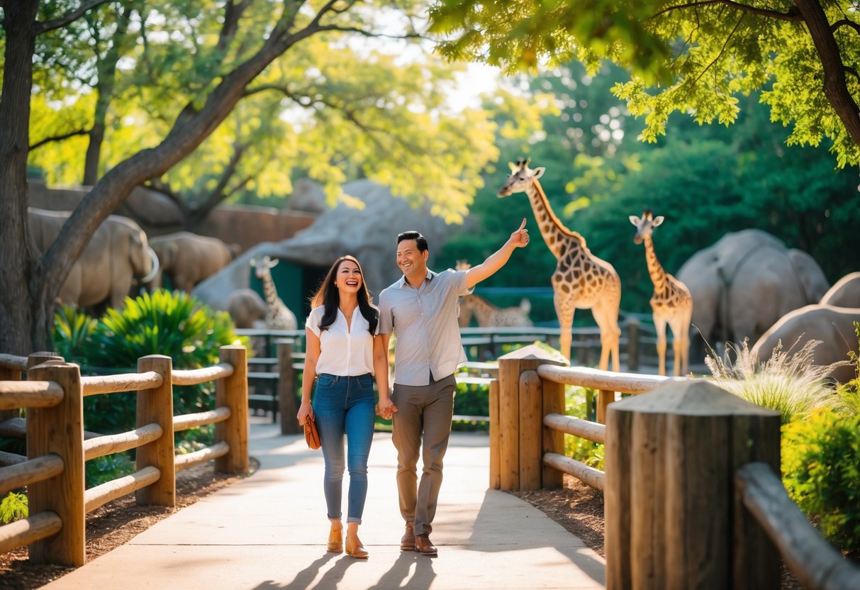 A couple enjoying a sunny day walking and observing animals at the Little Rock Zoo surrounded by green trees and animal enclosures.