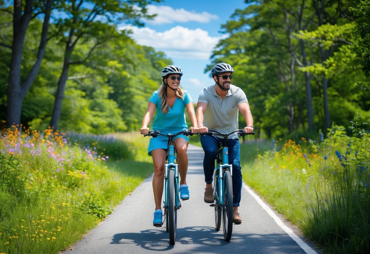 A couple riding bicycles together on a tree-lined paved trail surrounded by greenery and wildflowers on a sunny day.