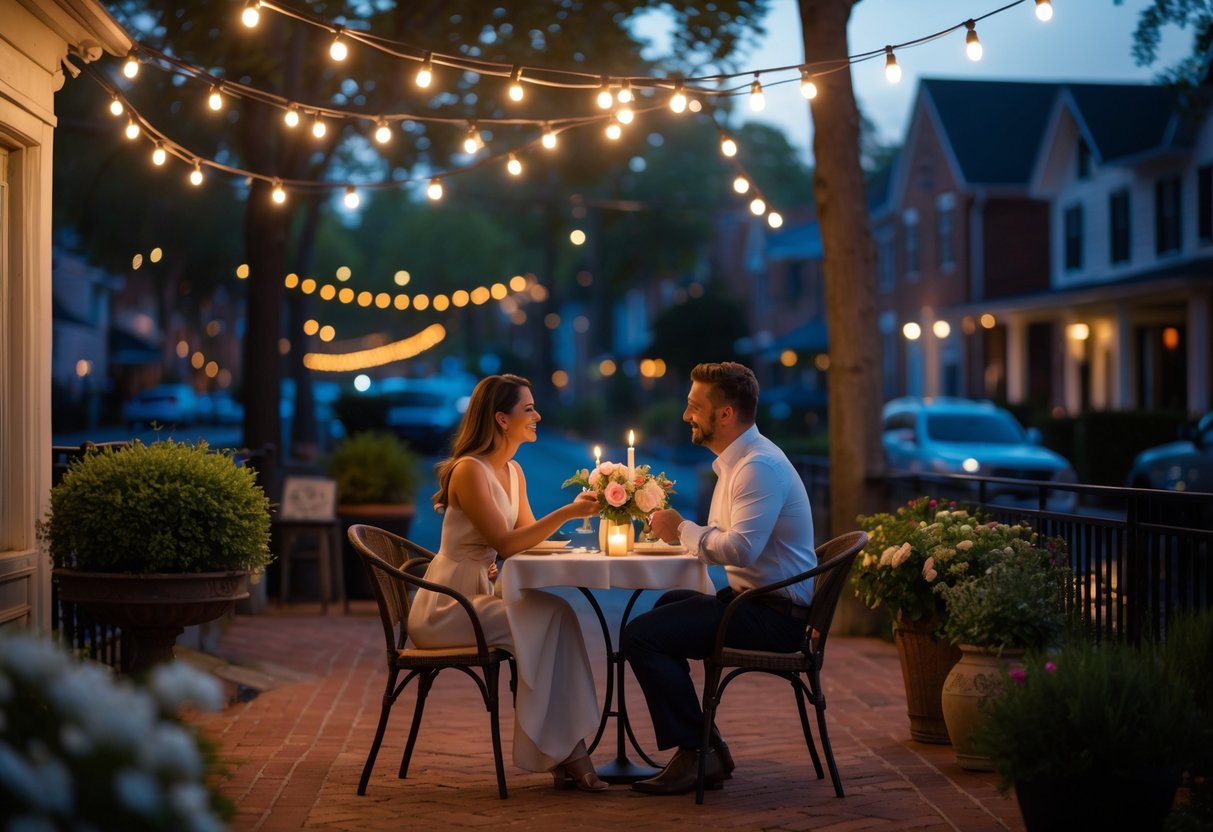 A couple enjoying a romantic dinner outdoors on a patio in a charming neighborhood at twilight.