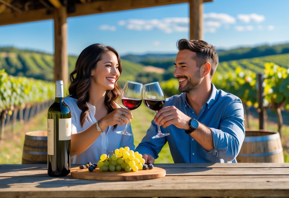 A couple enjoying wine tasting at a vineyard with grapevines and rolling hills in the background.