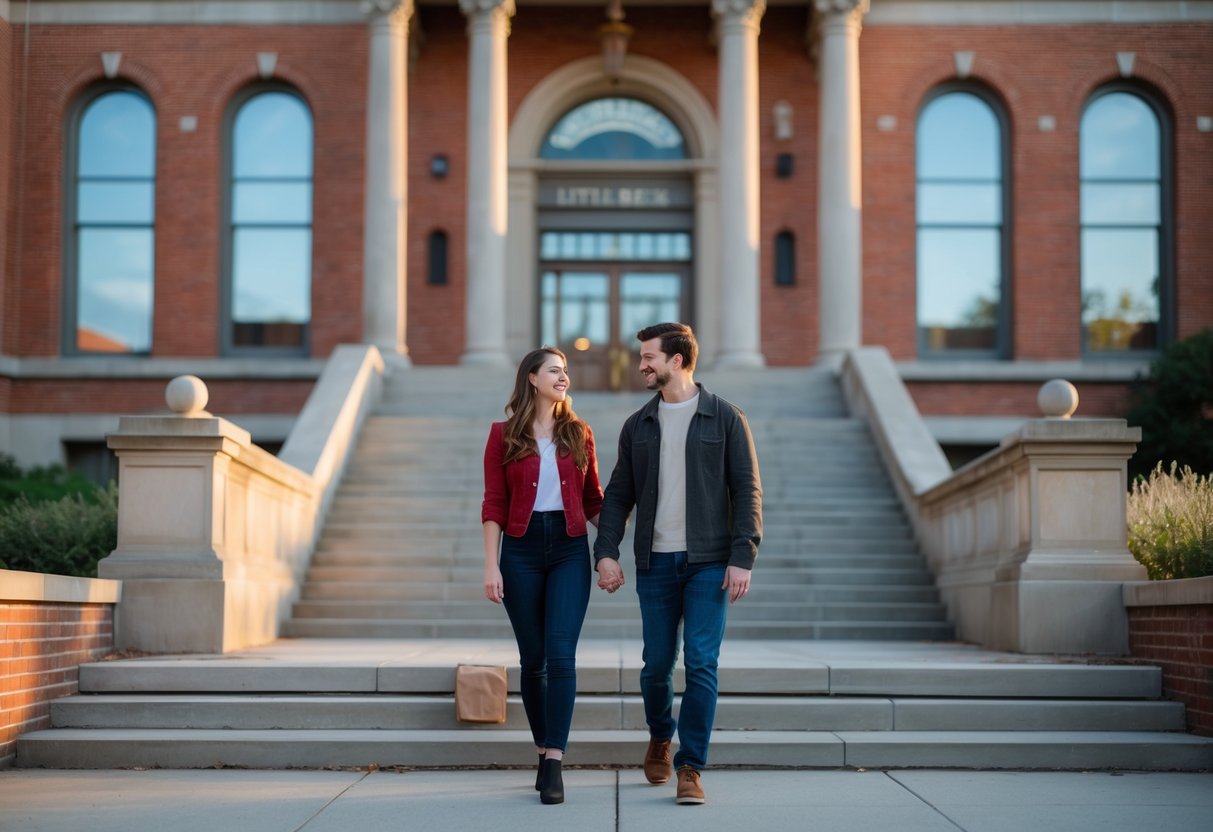 A young couple walking hand-in-hand outside the Little Rock Central High Museum on a sunny day.