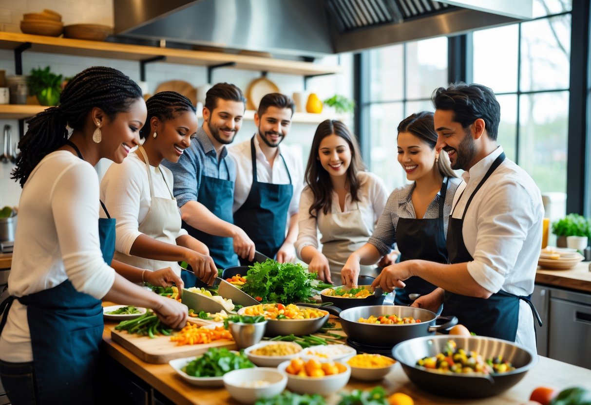 Couples cooking together in a bright, modern kitchen during a cooking class at Sur La Table Boston.