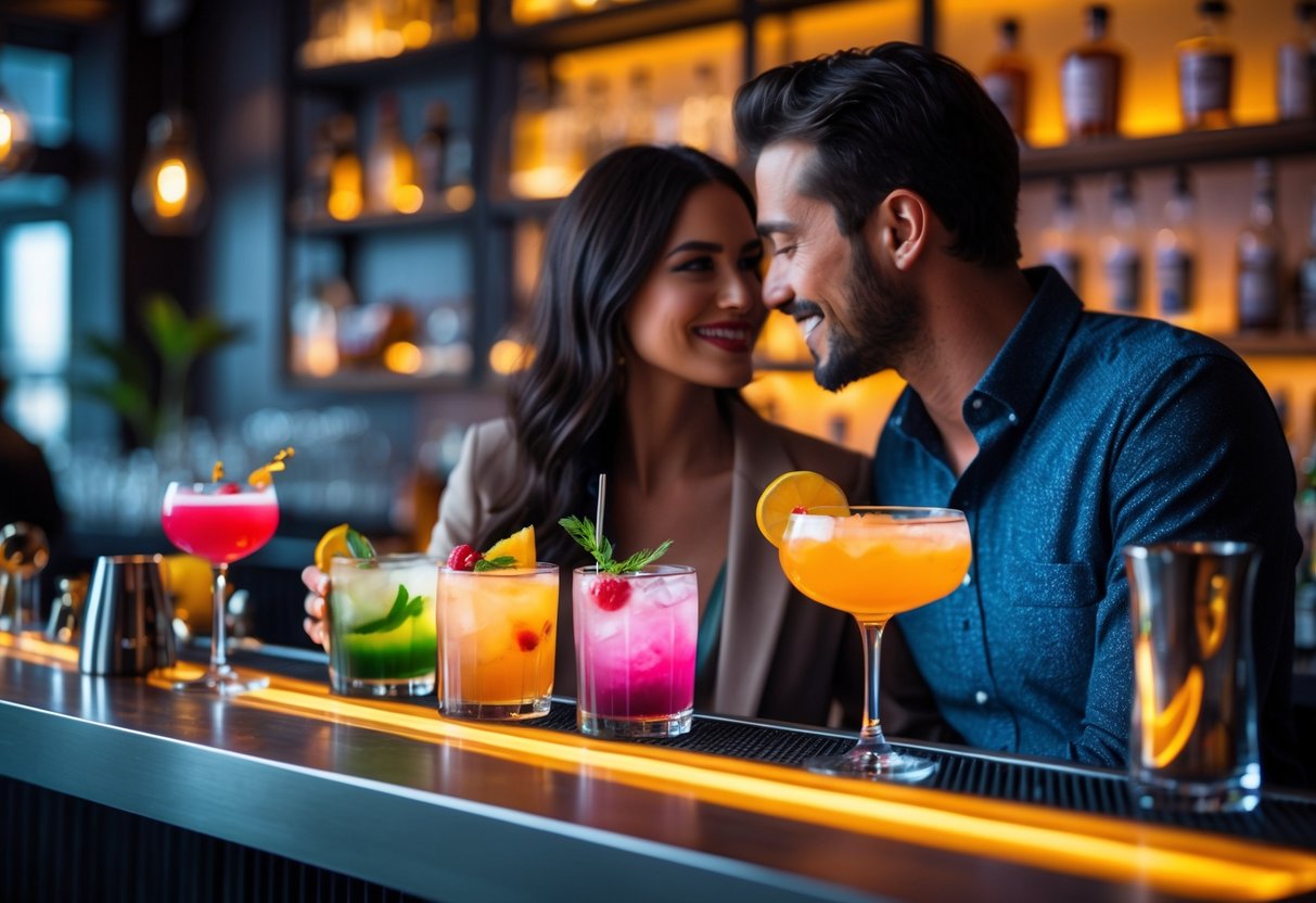 A couple enjoying cocktails together at a stylish bar with warm lighting.