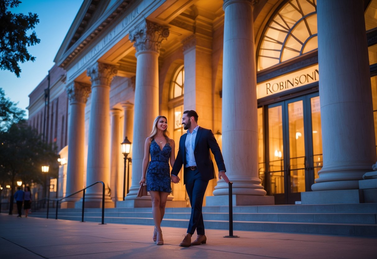 A couple standing near the entrance of the Robinson Center theater in Little Rock during the evening.