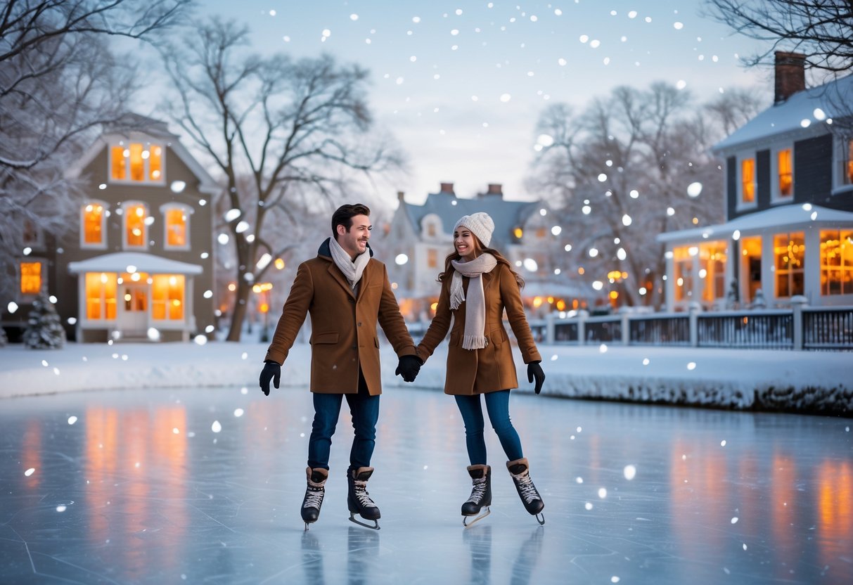 A young couple ice skating hand in hand on a frozen pond surrounded by snow and winter trees.