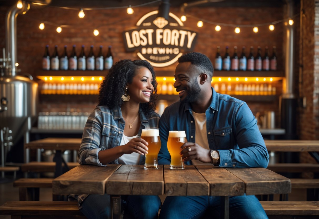 A couple enjoying craft beers together at a cozy brewery with warm lighting and rustic decor.