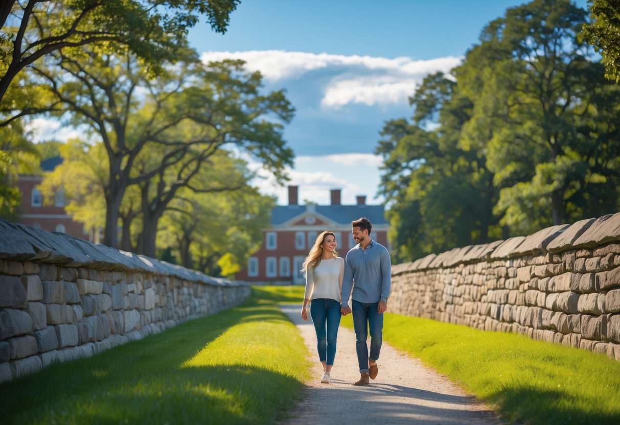 A couple walking hand-in-hand along a tree-lined path with historic buildings and stone walls in the background at Minute Man National Historical Park.
