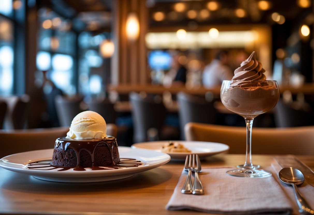 A cozy table for two at a chocolate dessert bar with plates of chocolate lava cake and mousse, set in a warmly lit restaurant interior.