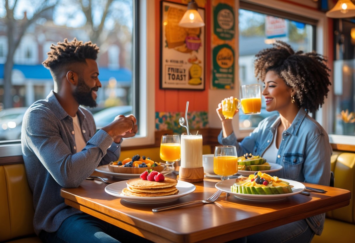 A couple enjoying brunch together at a cozy, colorful diner with plates of food and drinks on the table.