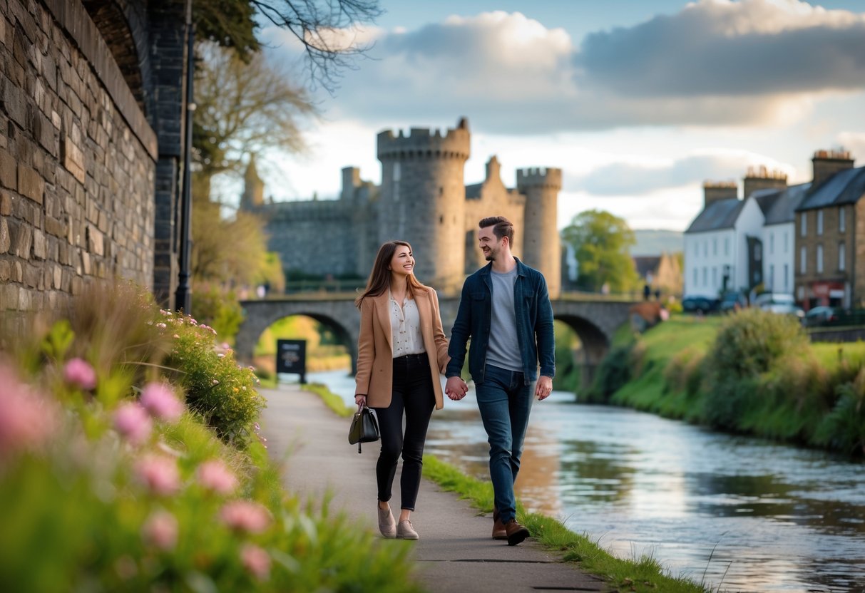 A young couple walking hand in hand along a riverside path near Inverness Castle with the river and greenery in the background.