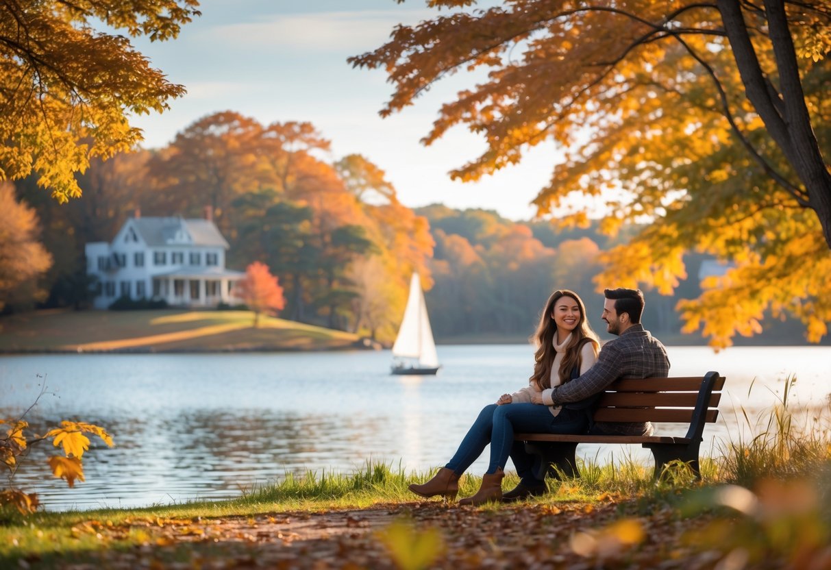 A young couple holding hands and sitting on a bench by a lake surrounded by colorful autumn trees in Massachusetts.