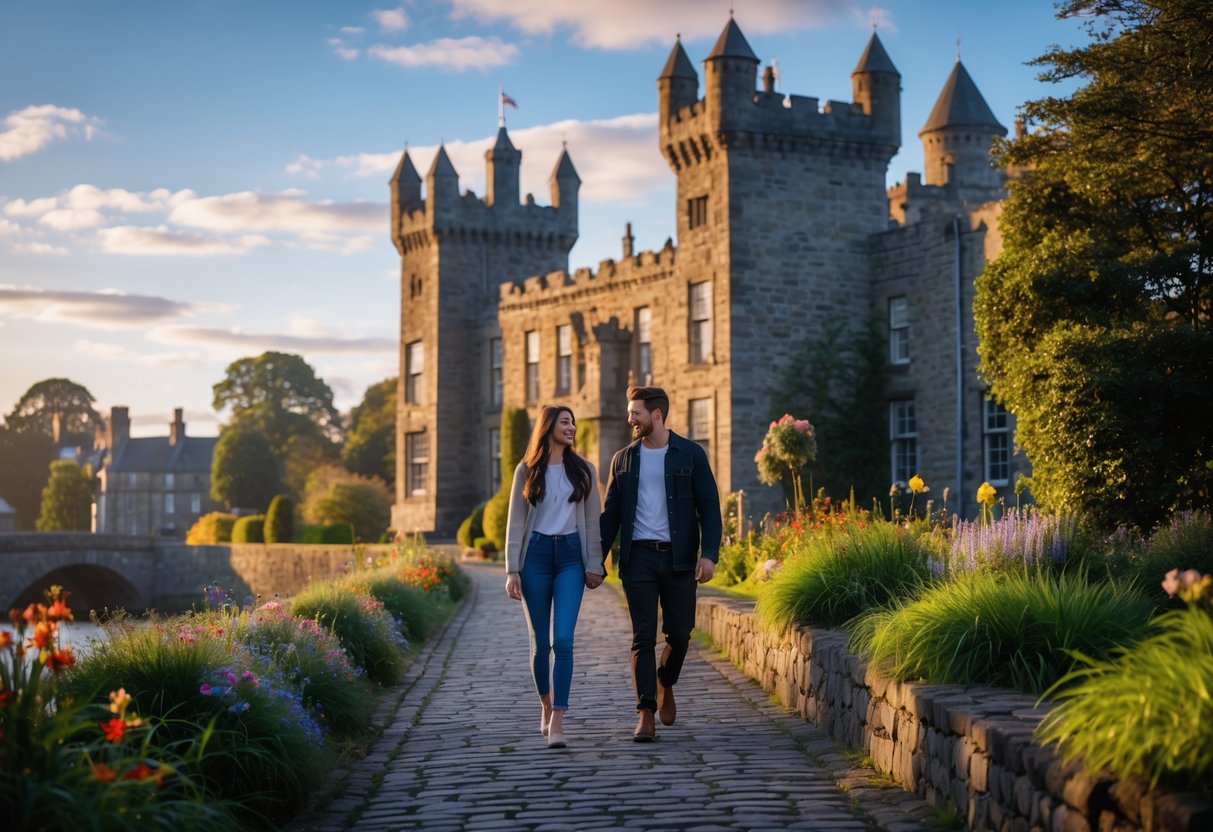 A young couple walking hand-in-hand near Inverness Castle with Victorian architecture in the background on a sunny day.