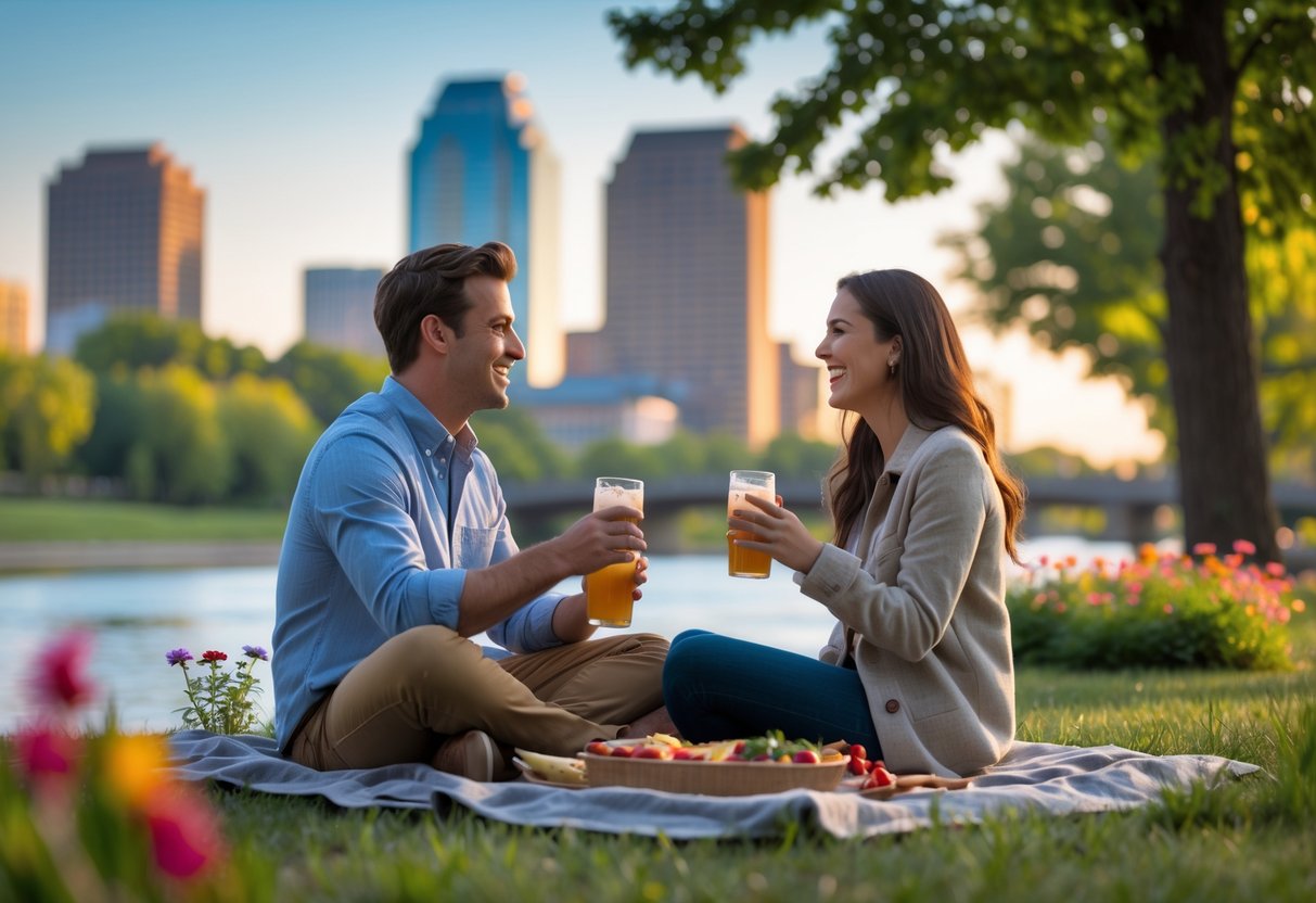 A young couple enjoying a picnic together outdoors with a city skyline and river in the background.