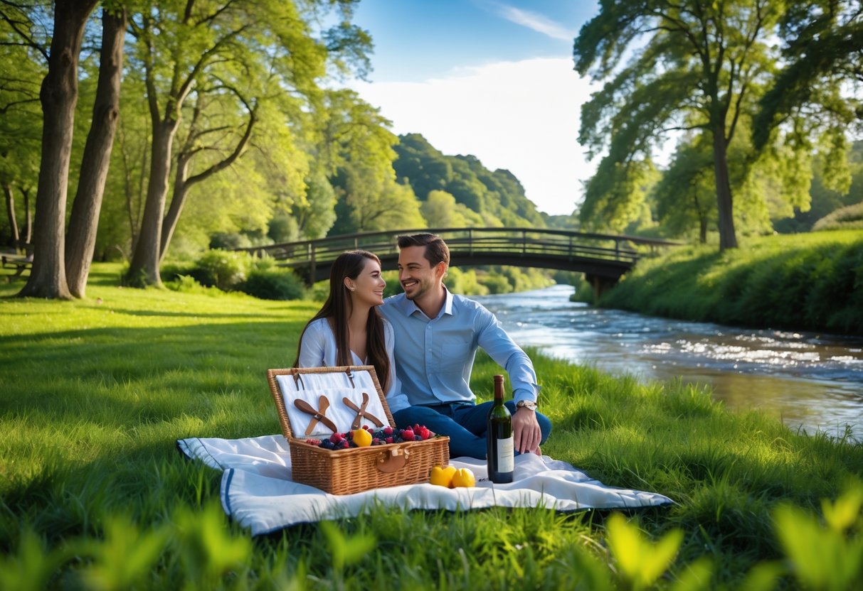 A couple enjoying a picnic on a blanket by a river surrounded by trees and greenery at Ness Islands.