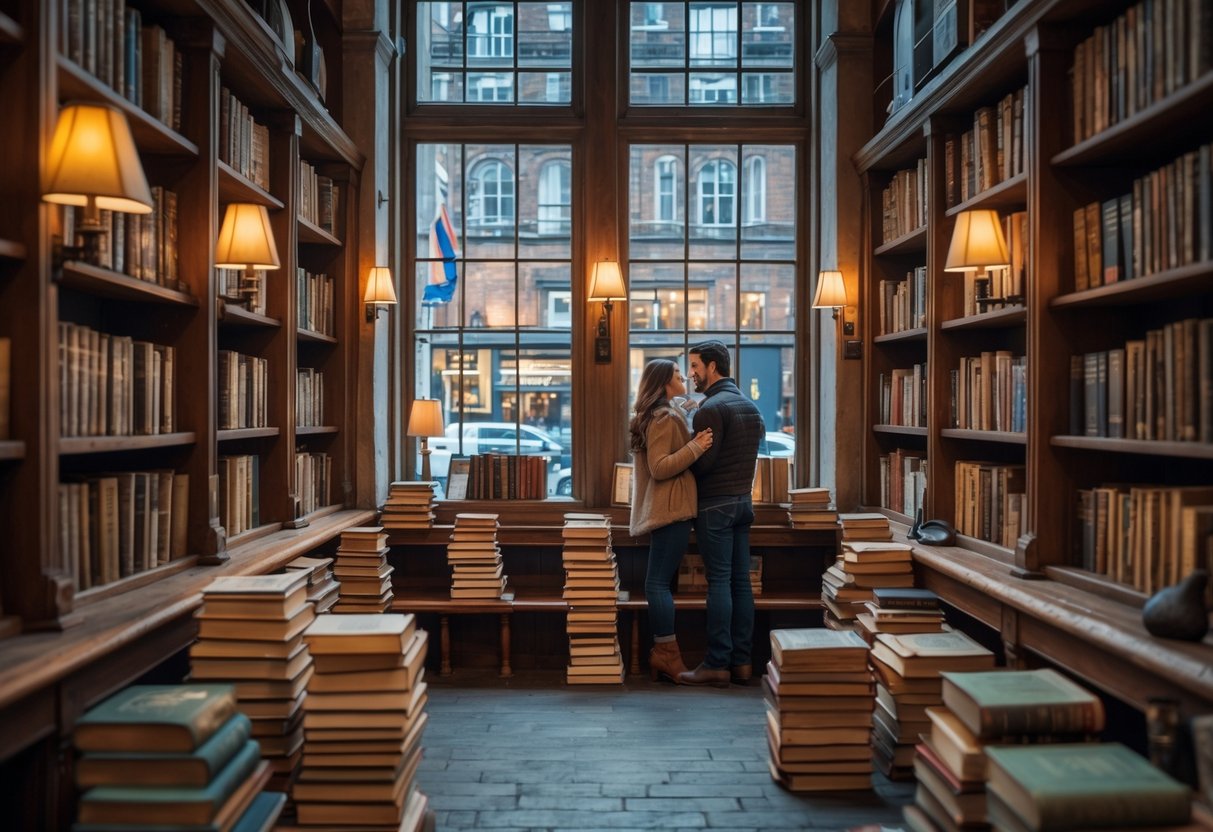 A cozy old bookshop in the city center with a couple browsing books surrounded by wooden shelves and warm lighting.