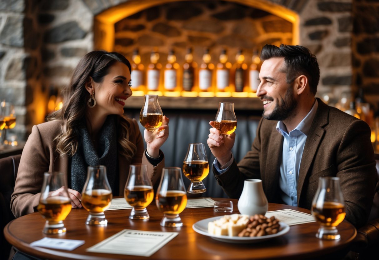 A couple enjoying a whisky tasting together at a wooden table in a cozy room.