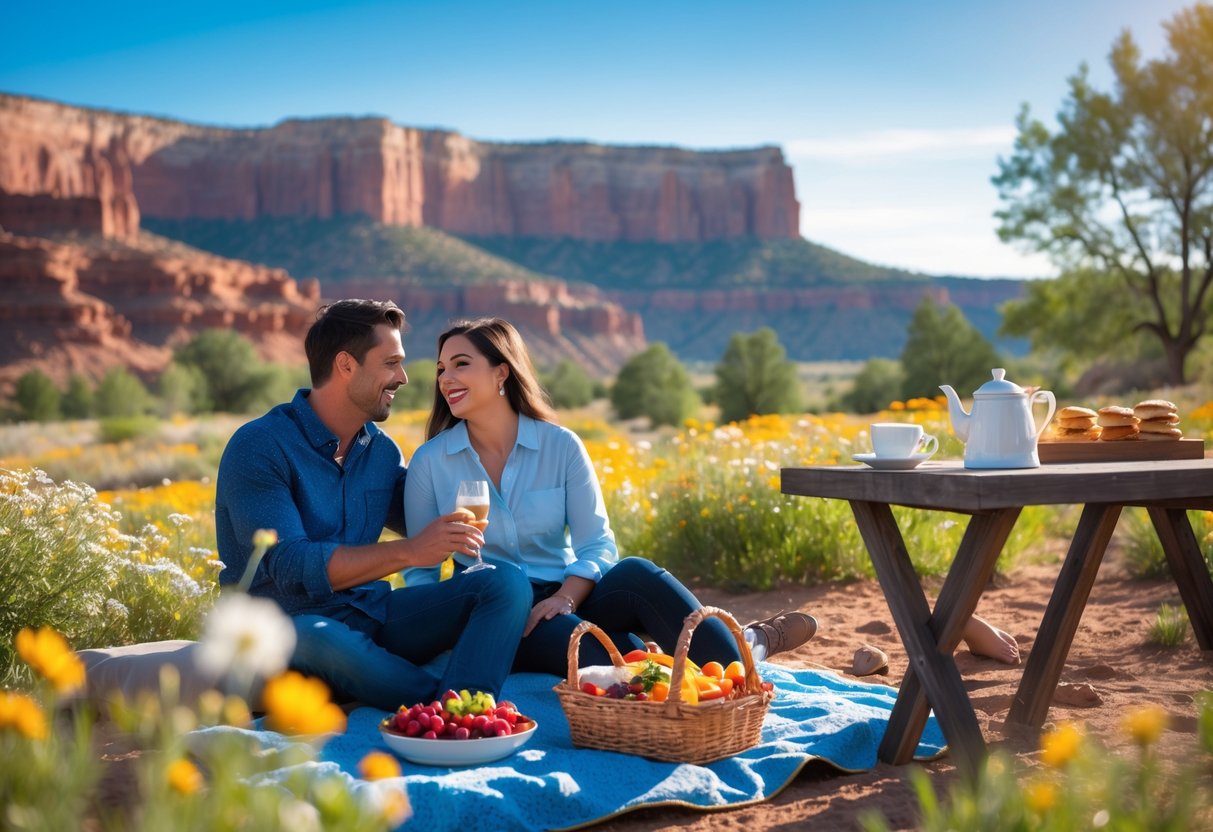 A couple enjoying a picnic near red rock formations in Grand Junction, Colorado, with wildflowers and a sunny sky.