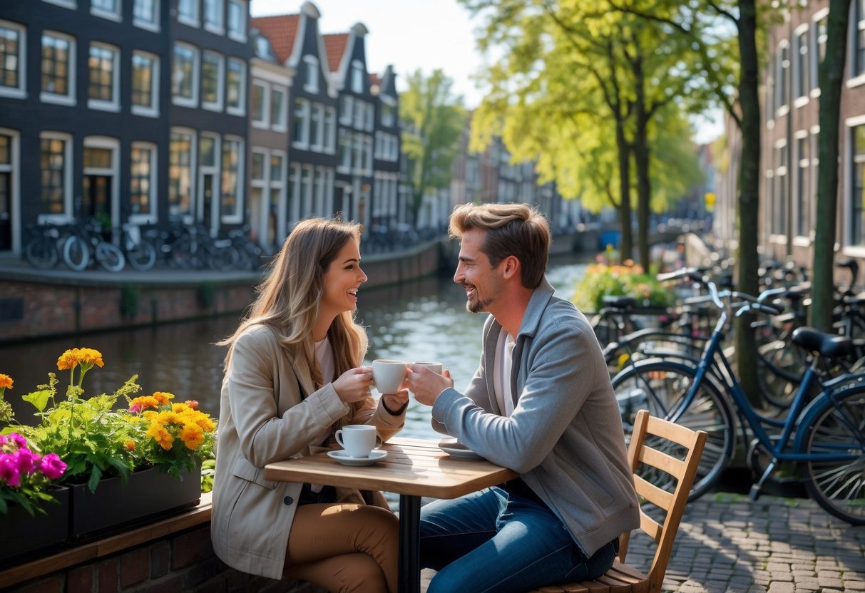 A young couple sitting at an outdoor café by a canal in Utrecht, surrounded by historic buildings and bicycles.
