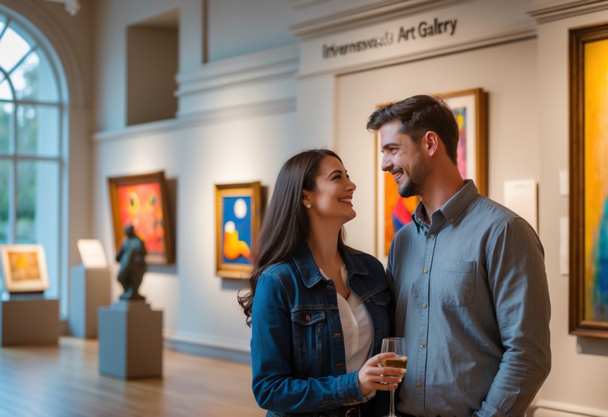 A young couple admiring artwork inside a brightly lit museum gallery.