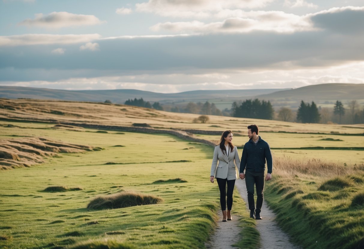 A couple walking along a path through the grassy Culloden Battlefield with hills and trees in the background.