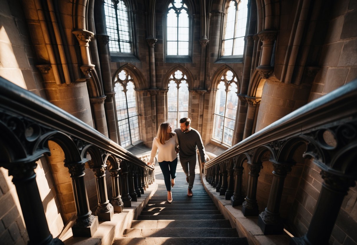 A couple climbing the stone staircase inside Dom Tower in Utrecht, surrounded by gothic architecture.