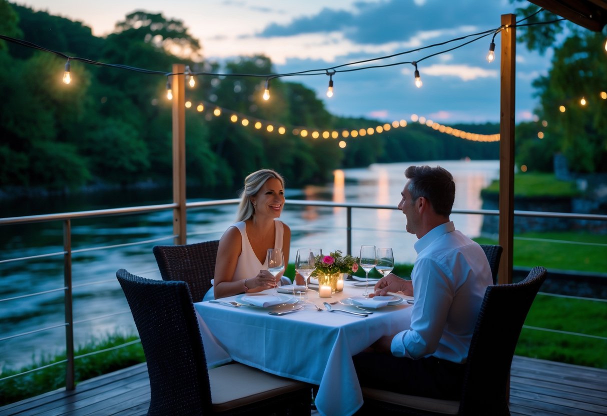 A couple dining at an outdoor table by a river with trees and a sunset sky in the background.