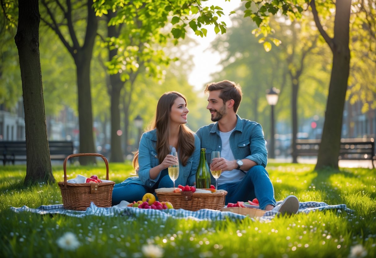 A couple having a picnic on a blanket in a green park with trees and flowers.