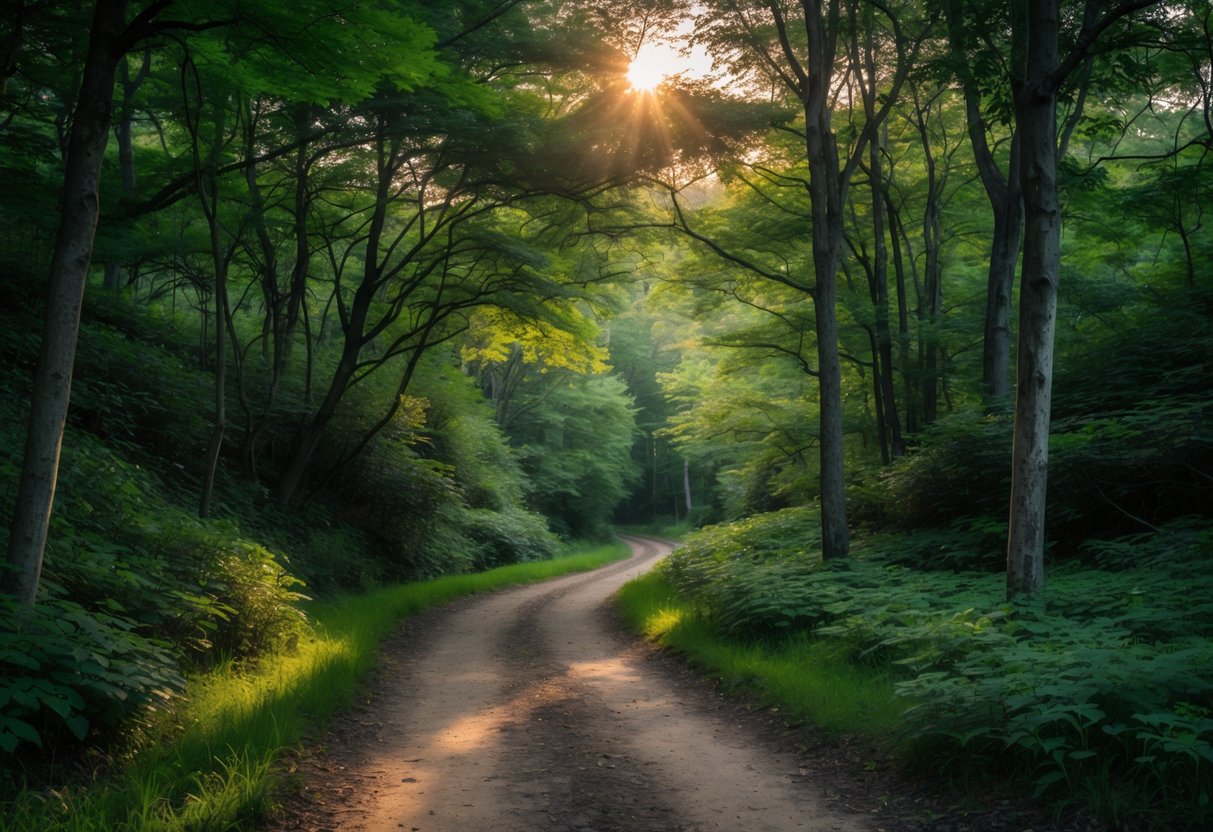 A quiet forest trail winding through green trees with sunlight filtering through the leaves.