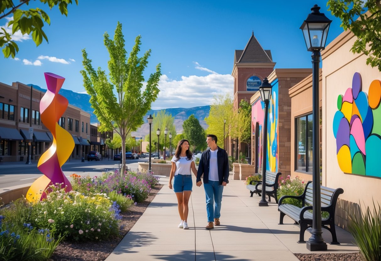 A young couple walking hand in hand near colorful outdoor sculptures and murals on a sunny day in a small city corner with greenery and buildings in the background.