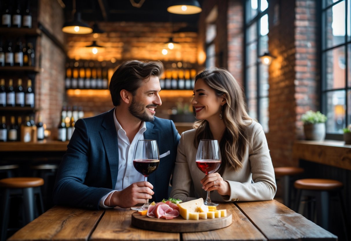 A couple enjoying a wine tasting together at a rustic brewery table with wine glasses and a cheese platter.