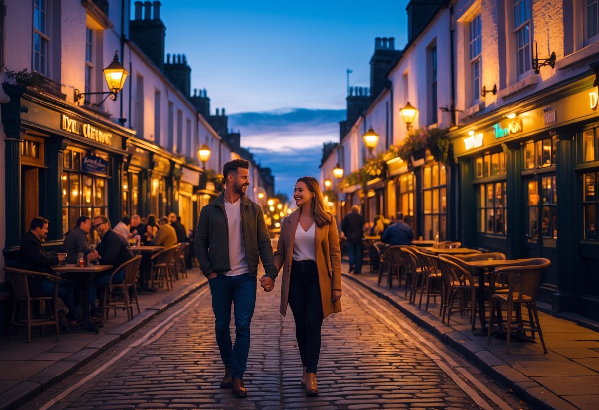 A young couple walking hand in hand along a cobblestone street in Inverness at dusk, surrounded by warmly lit pubs and historic buildings.