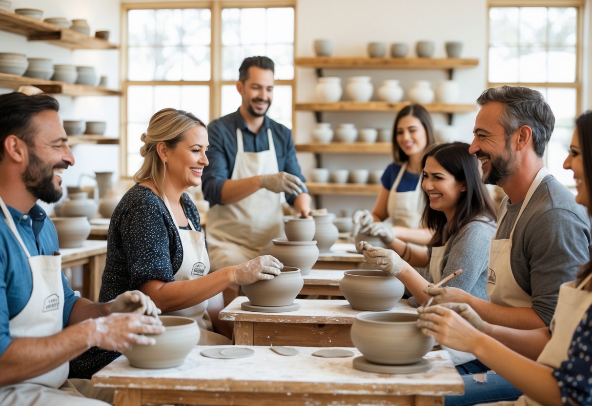 People shaping clay on pottery wheels inside a bright pottery studio with shelves of pottery and an instructor helping a couple.