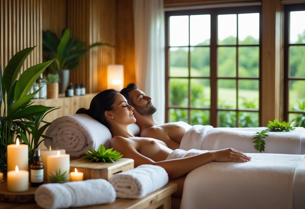 A couple receiving massages side by side in a peaceful spa room with natural decor and greenery visible outside.