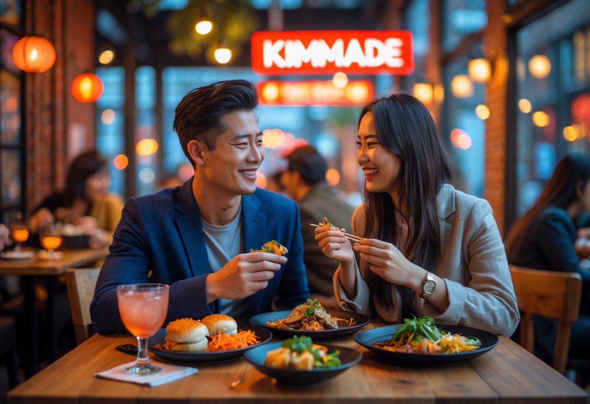 A young couple enjoying a cozy dinner with Asian street food at a modern restaurant in Utrecht.