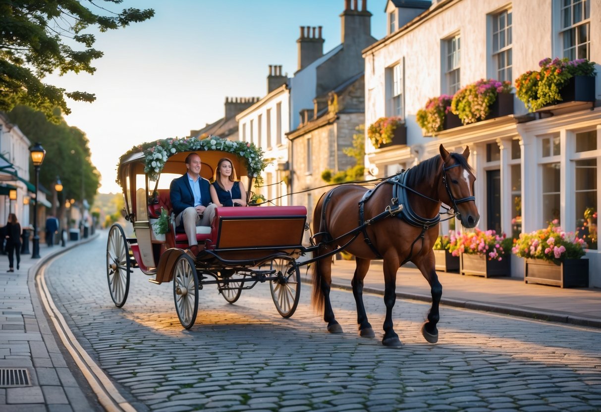 A couple enjoying a horse-drawn carriage ride through a cobblestone street in a charming town with historic buildings and greenery.