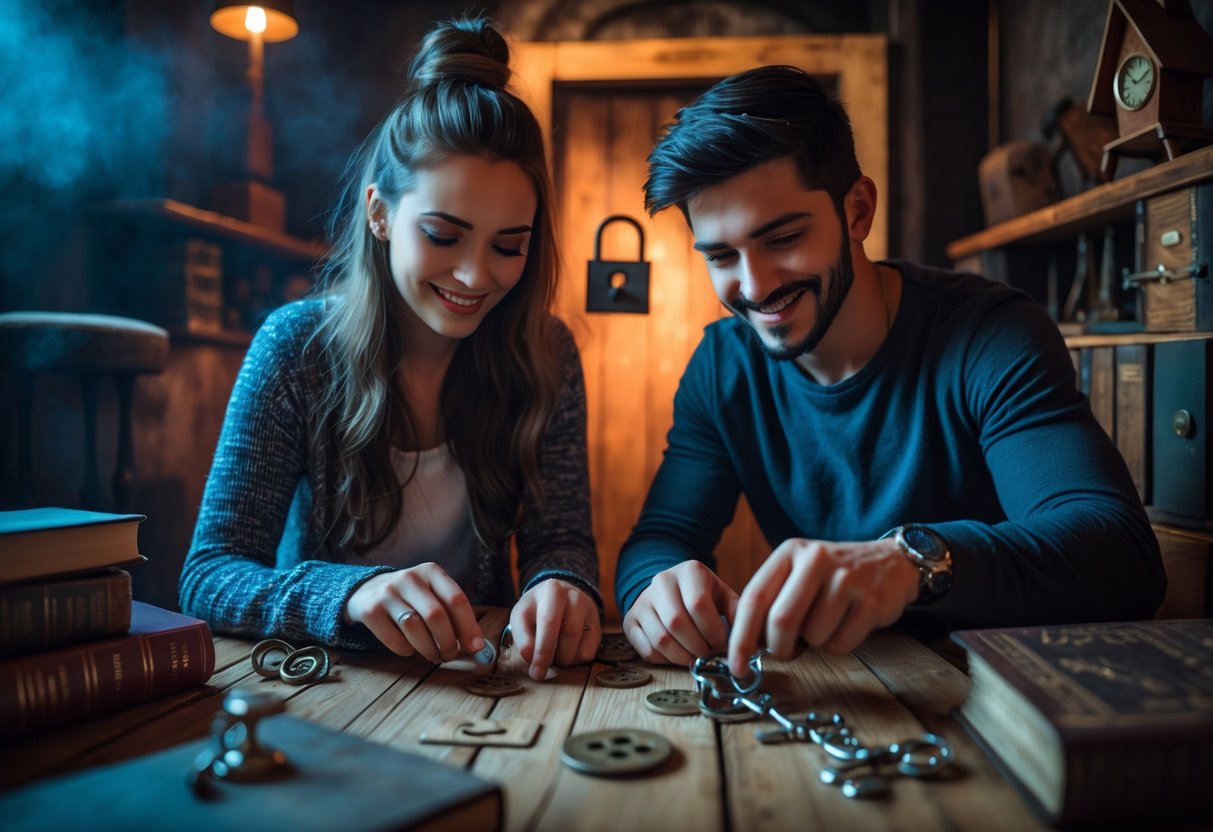 A young couple working together to solve puzzles in an escape room filled with props and locks.