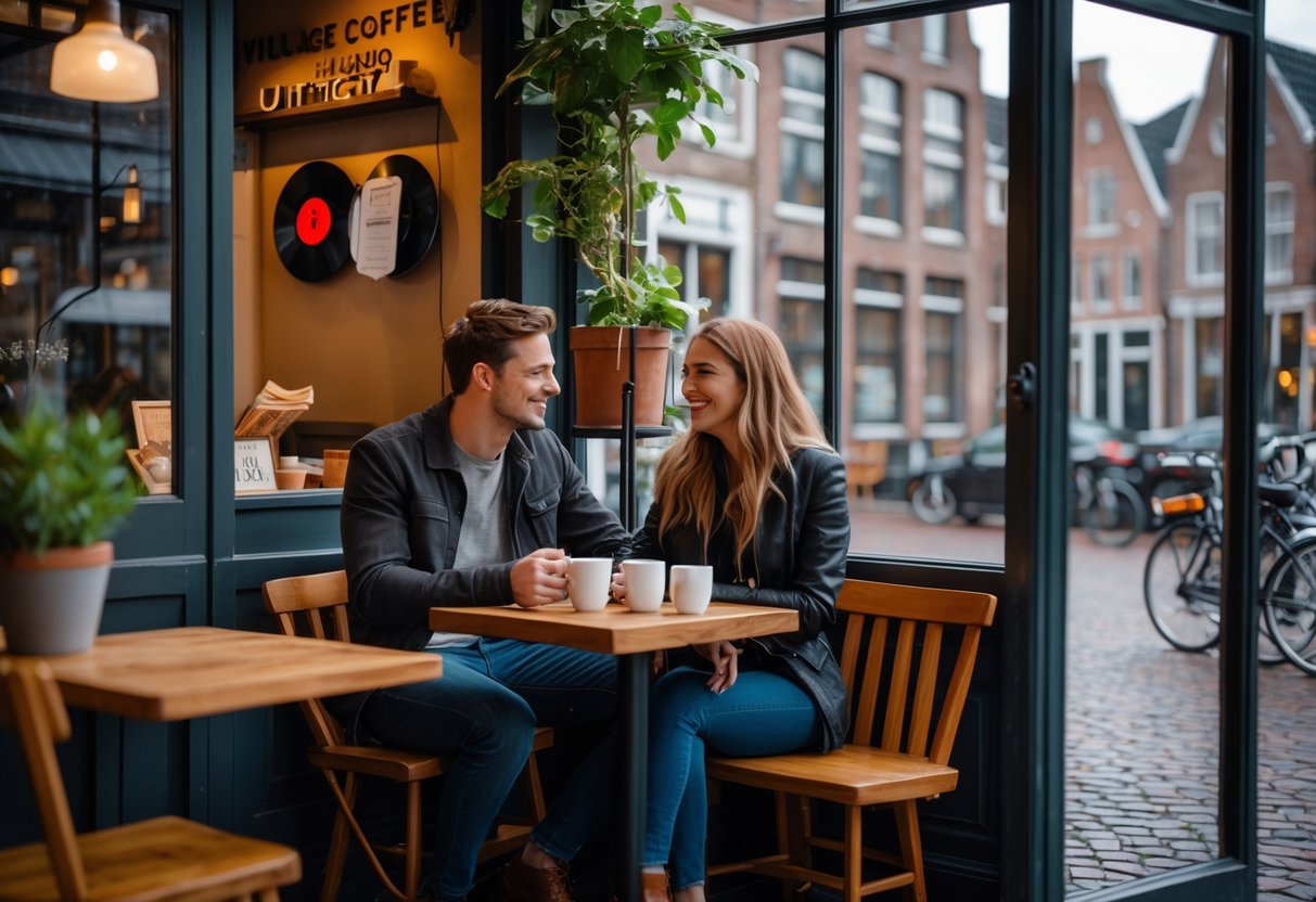 A young couple enjoying coffee together at a cozy café table near a window with a street view.