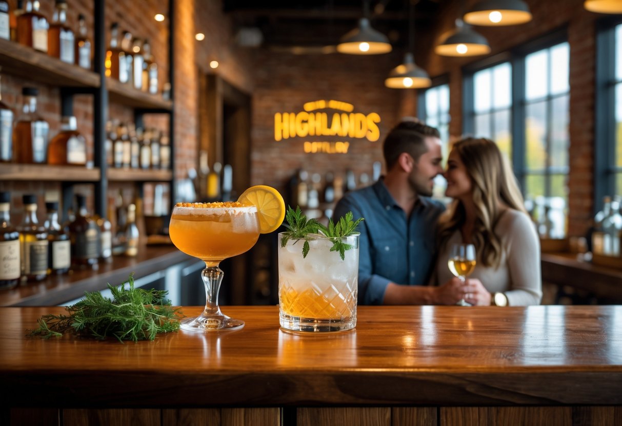 A cocktail on a wooden bar counter inside a distillery with a couple enjoying a drink in the background.