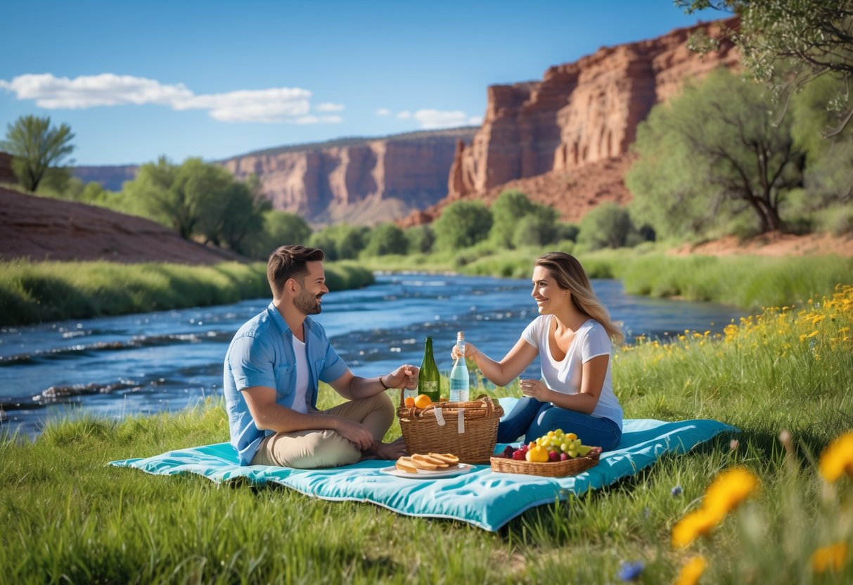A young couple having a picnic on a blanket by the Colorado River with red rock formations and trees in the background.