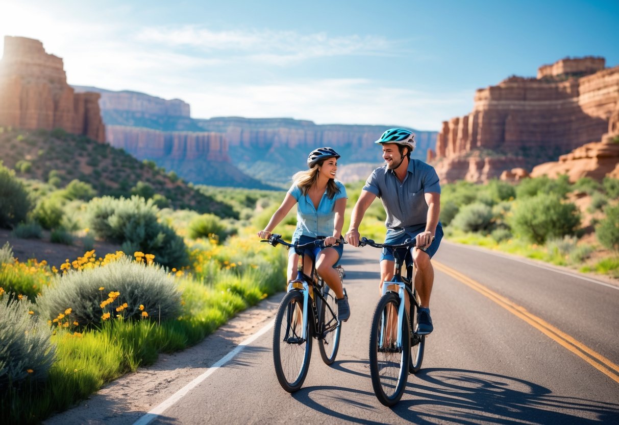 A couple riding bicycles together on a scenic road with mesas and greenery in the background.