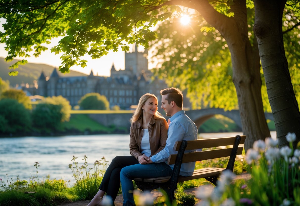 A couple sitting on a bench by a river with trees and a castle in the background during sunset.