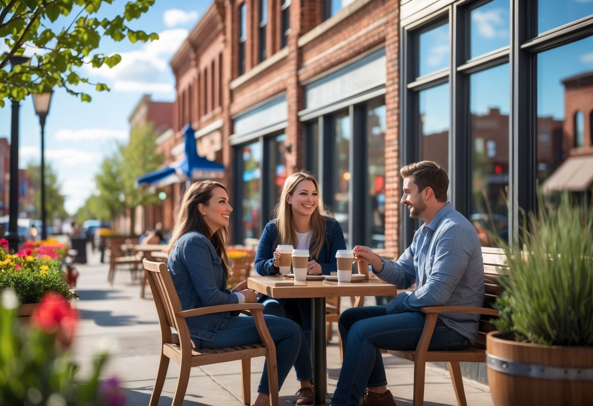 A young couple enjoying coffee together at an outdoor cafe table in downtown Grand Junction, Colorado.