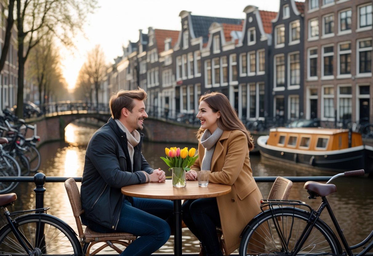 A young couple sitting at an outdoor café by a canal in Utrecht, surrounded by brick buildings and a small bridge, enjoying a relaxed moment together.