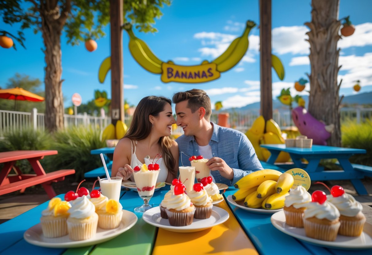 A young couple enjoying desserts at an outdoor seating area in a fun park with banana-themed decorations and sunny weather.