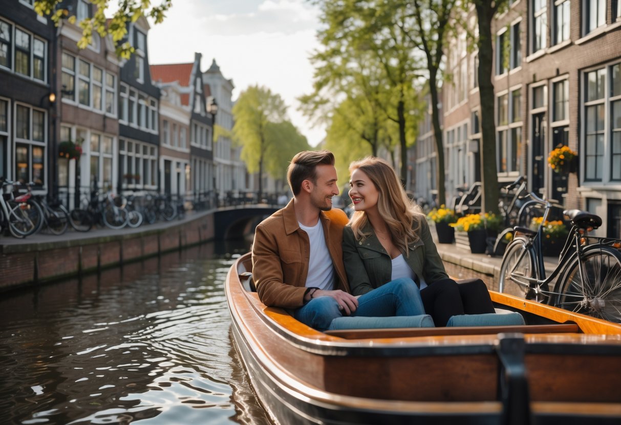A young couple enjoying a boat ride on a canal in Utrecht with historic buildings and trees along the water.