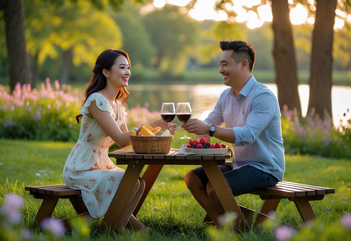 A couple enjoying a romantic picnic together at a wooden table in a park near a lake.