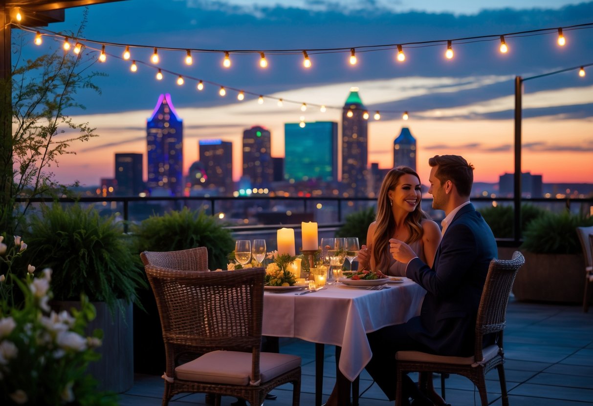 A couple enjoying a romantic dinner on a rooftop terrace with Kansas City skyline and sunset in the background.